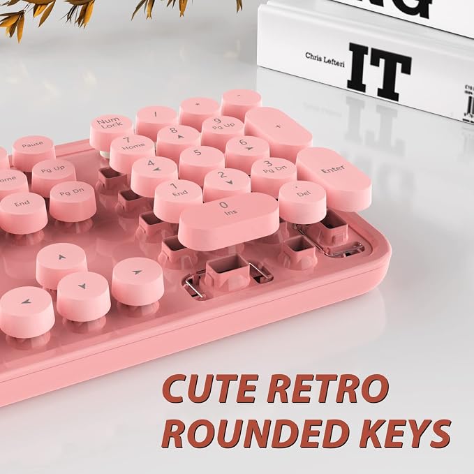 Wireless Keyboard Mouse, Cute 104 Keys Typewriter Pink White | Full Size With Number Pad & Mouse,Compatible With All Windows,Ideal For Windows,1600DPI,Computer, PC, Notebook, Laptop