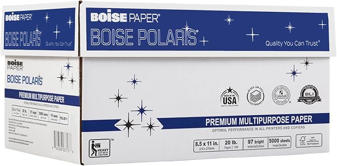Boise POLARIS Premium Multi-Use Printer & Copy Paper, 10 Reams, White, Letter (8.5inx11in), 5000 Sheets Per Case, 20 Lb, 97 Brightness, FSC Certified