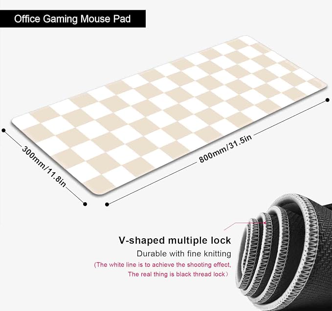 Beige Sand Checkered Desk Pad, Cute Aesthetic Retro Extra Large Mouse Pad for Kids Girls, Computer Mousepad Laptop Desk Mat, Writing Mat for Work Home, 31.5 X 11.8 in