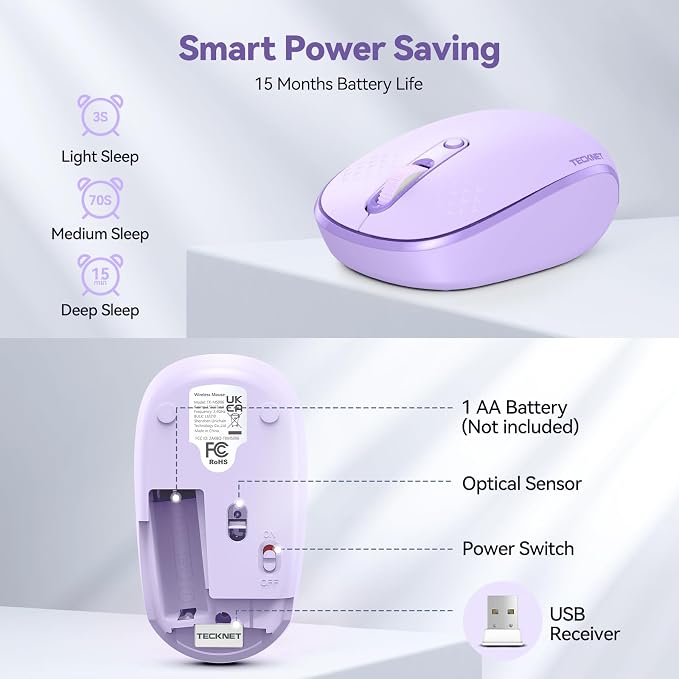 TECKNET Compact Ambidextrous Wireless Mouse for Laptop Purple | 2.4G Quiet Computer Mouse with USB Receiver, 3 Adjustable DPI Portable Cordless Mice for Chromebook, Laptop, PC, Mac