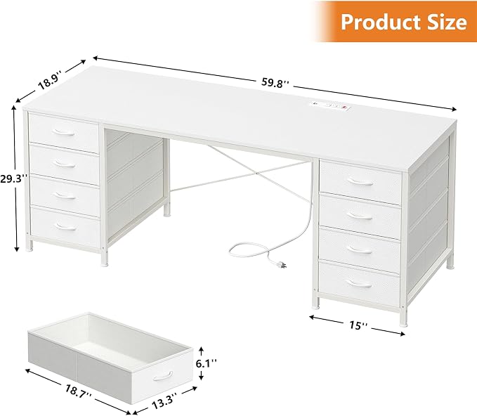 60 Inch Computer Desk with 8 Drawers for Home Office, Bedroom, Living Room | Home Office Desk with Power Outlets, Work Study Gaming Desk with 8 Fabric Drawers, White
