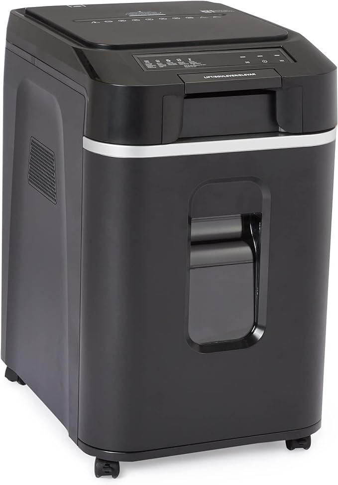 Amazon Basics 200-Sheet Auto Feed Cross-Cut Paper Shredder, High Security P-4, Anti-Jam, 8.5 Gallon Pullout Bin, Black