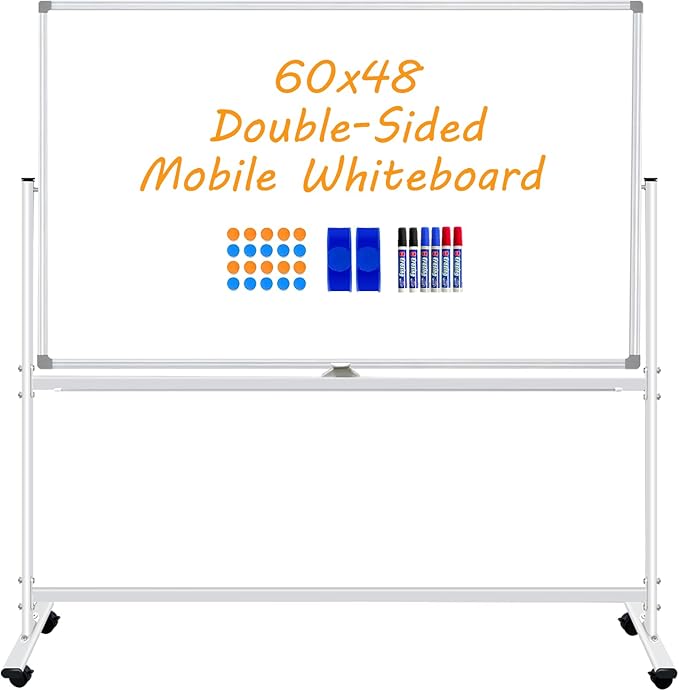 Double Sided Rolling Whiteboard 60 x 48 inch, Large Mobile Whiteboard Magnetic Dry Erase Board Easel Standing Board on Wheels for Office, School, Home, 2 Eraser, 6 Markers, 20 Magnets