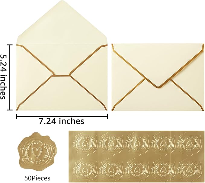 50 Pieces A7 Envelopes with Gold Border, 5.24 x 7.21 Inches Envelopes with Gold Stickers for Greeting Cards and Invitation (Cream Color, A7-5x7)