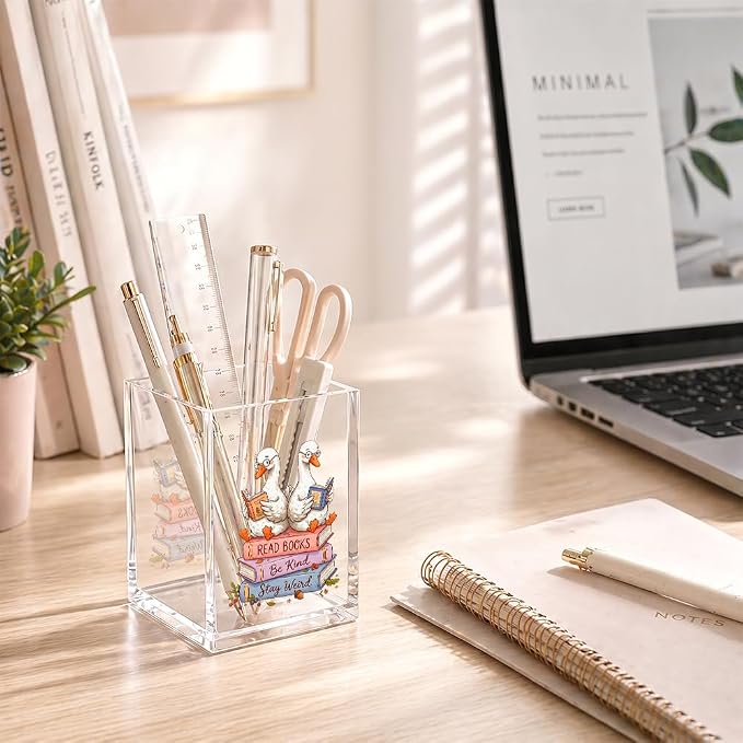 Funny Read Books Be Kind Stay Weird Pencil Holder Cup for Bookish | Goose Bookmark Holder Gifts for Librarian Teacher Readers Bookworm Book Club, Inspirational Desk Organizer for Book Lovers