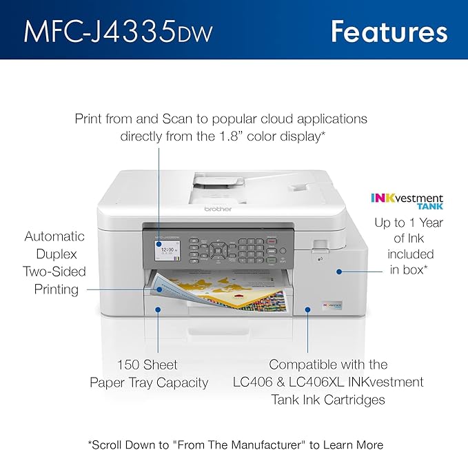 Brother MFC-J4335DW INKvestment Tank All-in-One Printer with Duplex and Wireless Printing Plus Up to 1-Year of Ink in-Box (Renewed Premium)