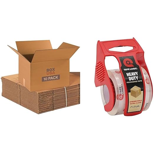 BOX USA Moving Boxes 18"L x 14"W x 12"H (10-Pack) + Packaging Tape 2" x 25yd (1-Pack) - Moving Supplies Bundle
