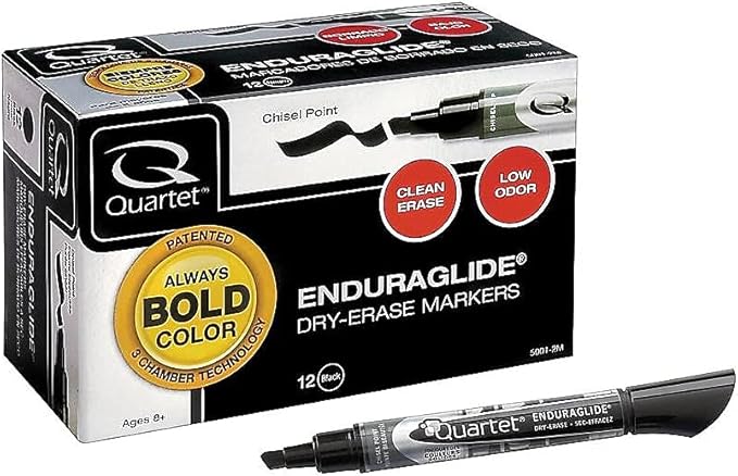 Quartet Dry Erase Markers, Whiteboard Markers, Chisel Tip, EnduraGlide, White Board Dry Erase Pens for Teachers, Home School & Office Supplies, Black, 12 Pack (5001-2M)