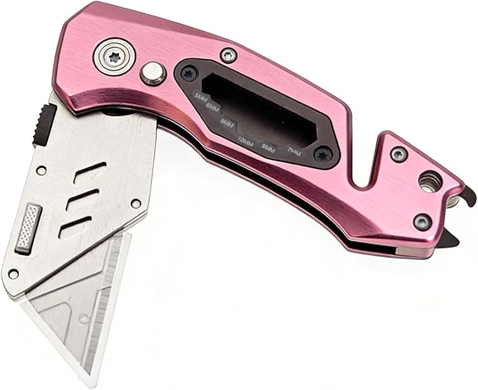 Utility Knife Folding Safety Lock Quick Change with 10 Extra SK5 Replacement Blade Lightweight Aluminum Handle & Pocket Clip Multi-Use Box Cutter Office Home Art Diy Great Gift Choice (UPG.V.Pink)