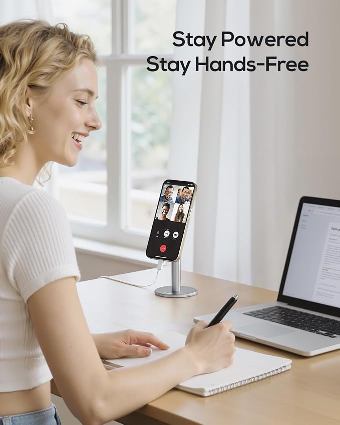 Nulaxy Magnetic Full Aluminum Cell Phone Stand with 360 Rotating, Silver | Stable Base, Includes Metal Ring, Works with Thick Cases, Hands-Free, Office Accessories, Compatible with All Phones