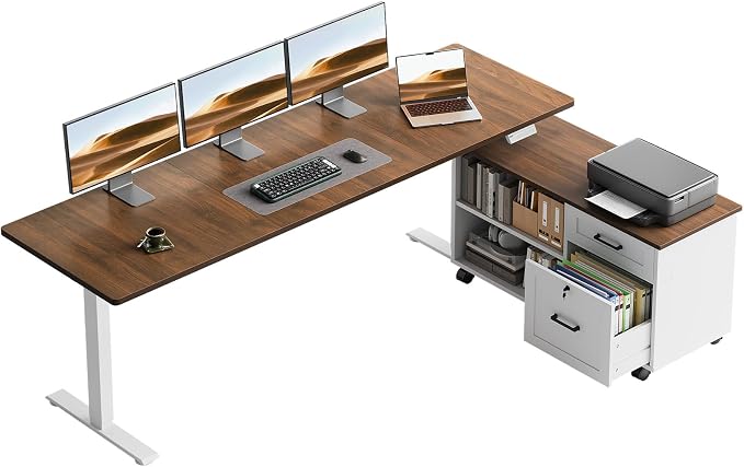 71" L Shaped Electric Standing Desk with Cabinet Sets, Walnut/White | Mobile Drawers & File Cabinet Sets for Flexible Layout, Height Adjustable Executive Stand Up Desk for Home Office Workstation