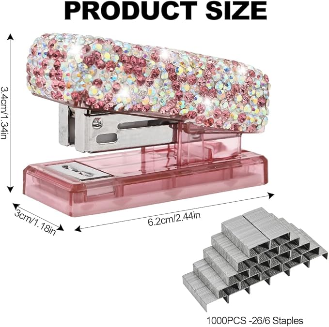 Bling Rhinestone Stapler, Sparkly Diamond Staplers, Cute Desk Stapler for Women & Girls, Bling Crystal Machine Pretty Office Stationery Kit (Pink with AB Color Plated, Small)