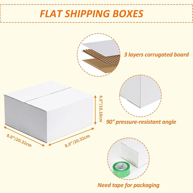 HORLIMER 40 Pack 8x8x4 Shipping Boxes, White Corrugated Cardboard Box for Mailing, Packaging, Small Business