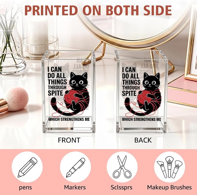 Funny I Can Do All Things Through Acrylic Pencil Holder Cup Gifts | Which Strengthens Me, Cat Pen Holder Gifts for Coworker Boss Friend Teacher Nurse, Sarcastic Desk Organizer for Cat Lover