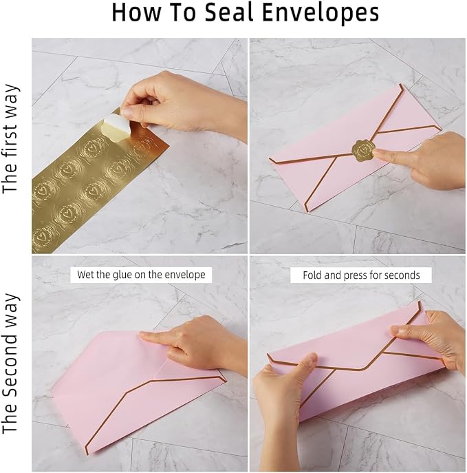 30 Pack #10 Business Envelopes with Stickers, Thick Paper, Light Pink | 4 1/8 x 9 1/2 Inches, Self Seal Standard Envelopes with Gold Border For Letter Mailing, Greeting Cards