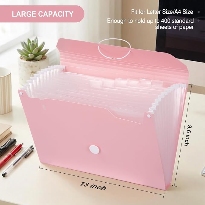 Comix Accordion File Organizer, 13 Pocket, Pink | Expanding File Folder, A6/Letter Size Documents, Includes Labels, For Office, Home, School