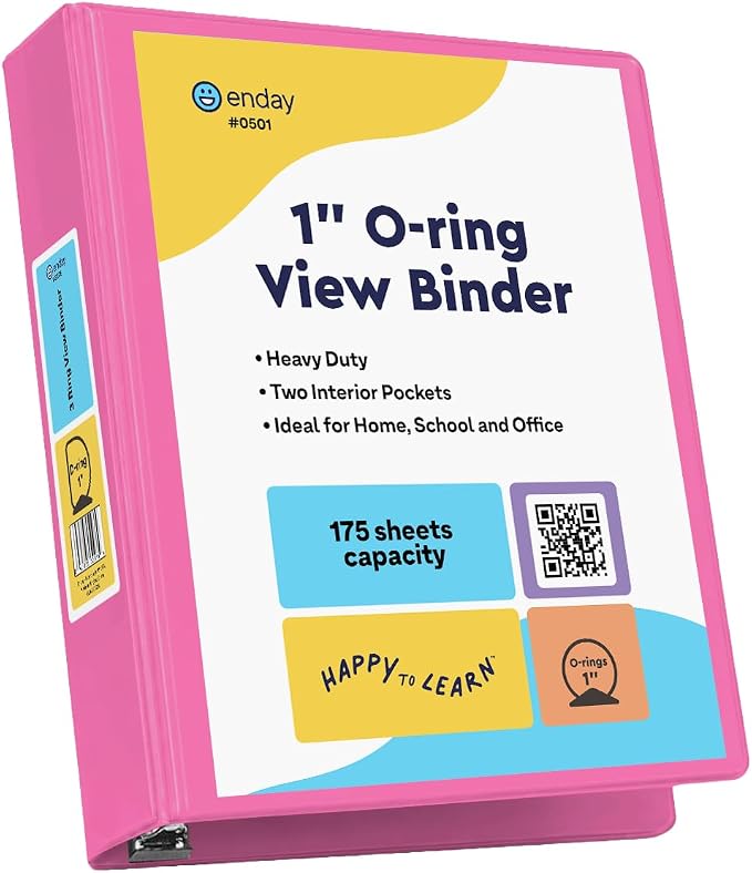 Enday 3 Ring Binder 1 Inch Pink 1 Pack, Holds 175 Sheets of Letter Paper, Clear View 1" Three Ring PVC-Free Fits 8.5x11 Inches for School or Office Supplies