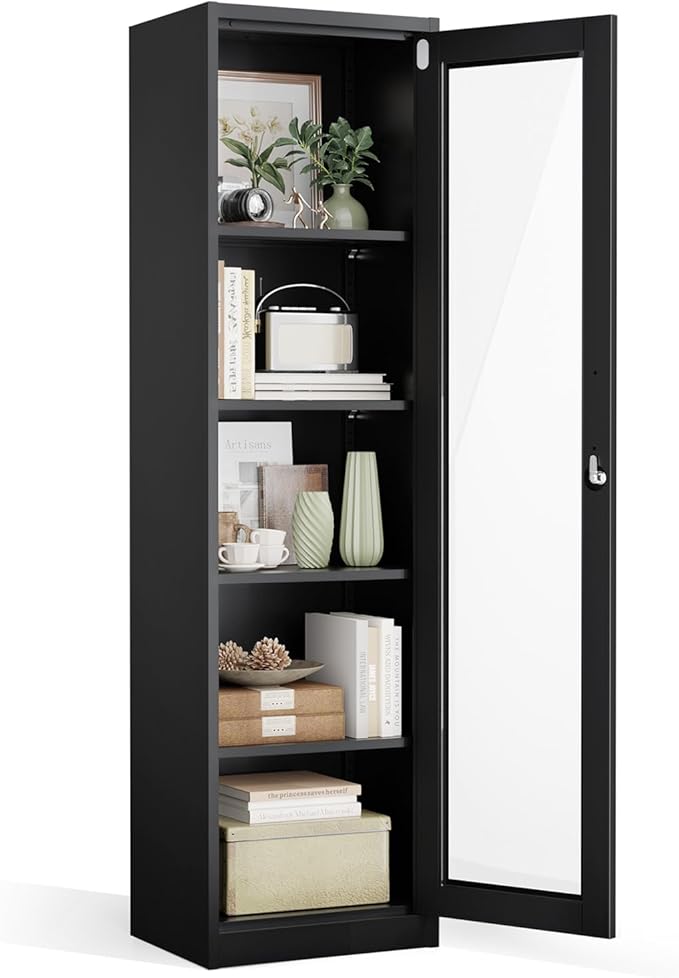 VINGLI Lockable Display Cabinet with Glass Door & 4 Adjustable Shelves, 65" Tall Metal Storage Cabinet Curio Liquor, Bookshelf Bookcase for Home Office Living Room Pantry Garage (Black)
