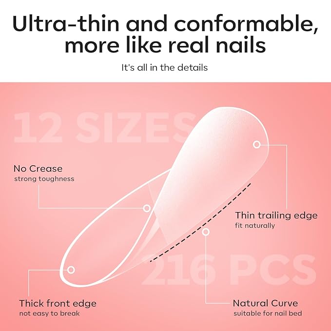 modelones X Nail Gel Kit Kit Medium Oval, 9-in-One Nail Glue with Portable U V Lamp 216Pcs 12Sizes Pre-Etched Round Press ons Fake Acrylic Extension Kit DIY Salon Gift for Women