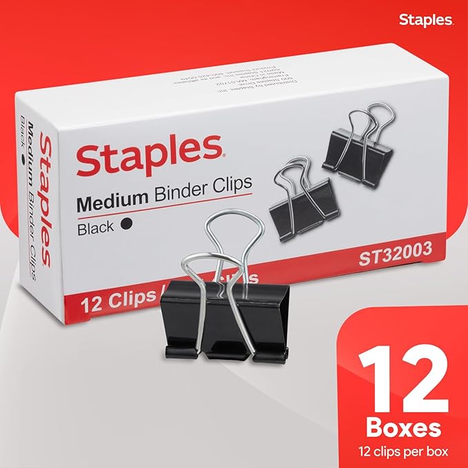 Staples Medium Binder Clips, 0.63 Inch Capacity, Black, 144 Clips/Pack | Secure paper organization for office, school, and home filing needs. Bulk pack of 144.