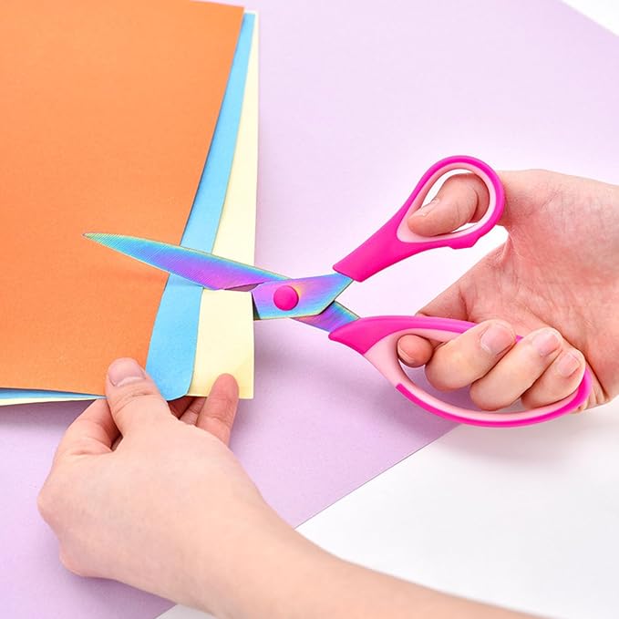 Zicolu Craft Scissors Set of 3 pack, Sharp Rainbow Titanium Coating All Purpose Scissors, Ergonomic Semi-Soft Rubber Grip, Suitable for School, Office and Household Use, Pink, 8.5''/6.5''/5.5"