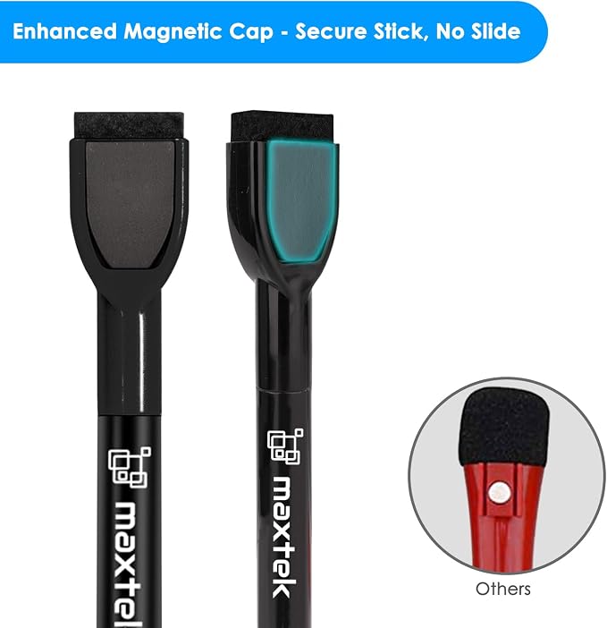 maxtek Magnetic Black Dry Erase Markers, 6 Count Fine Tip Whiteboard Markers with Eraser, Thin Markers Low Odor for Classroom, Office, Home