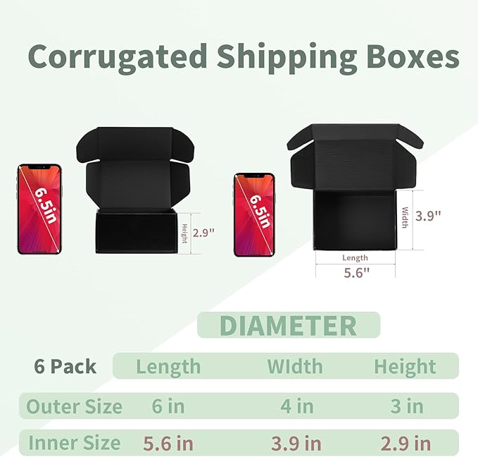 Rempry 6 Pack 6x4x3 Black Shipping Boxes, Small Cardboard Mailer Boxes for Small Business Shipping Packaging