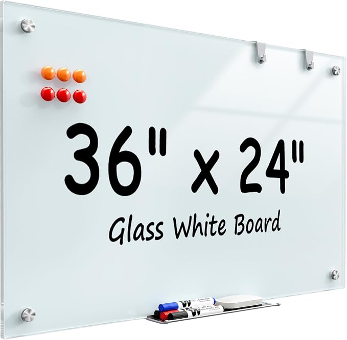 MaxGear 36" x 24" Glass Whiteboard Wall Mounted for Office Home Classroom | Magnetic Glass Dry Erase Board, Tempered Glass, Steel Backed, Non-Porous Surface, Frameless Design, Hardware Included