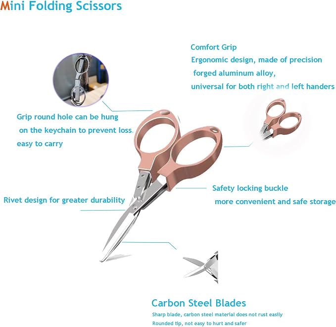 YVAOG Mini Folding Scissors, Safe Portable Safe Portable Travel Mini Scissors, Stainless Steel Retractable Small Scissors for Home Office, 2 Piece Set (rose gold)