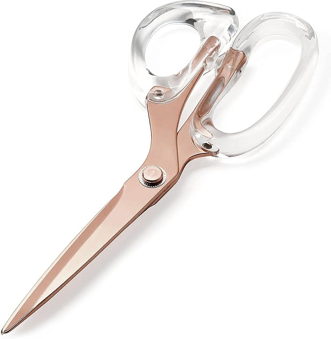 9” Stainless Steel Acrylic Scissors, Clear with Rose Gold Metal | Aesthetic and sharp all purpose scissors, Perfect for sewing, arts, and crafts, Stationery tools for office, and school