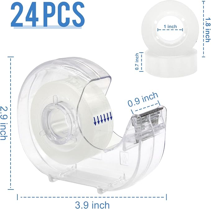 24 Pcs Transparent Tape with Dispenser, Clear, 0.7"x1000" | Refillable Clear Dispensers, Office Tape Rolls for Craft Jobs, Gift Wrapping, Repairing, Home & School
