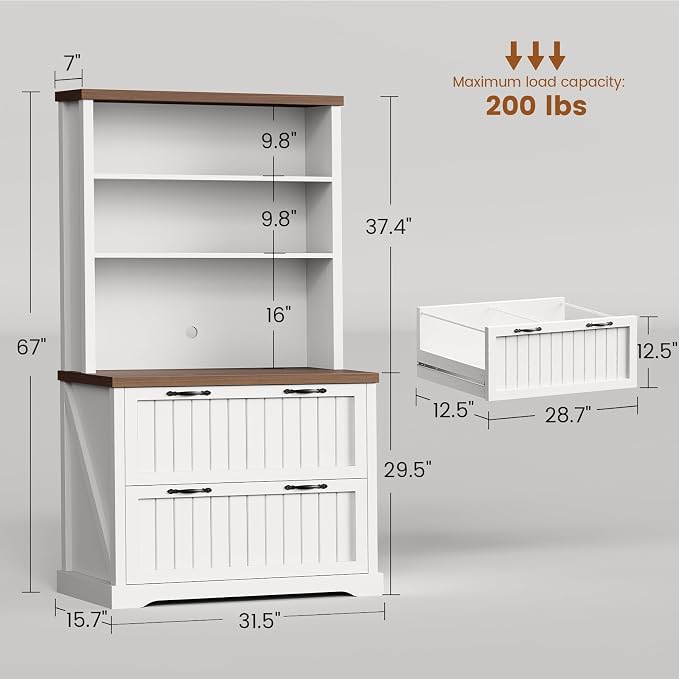 SEDETA 2 Drawer Filing Cabinet, Farmhouse File Cabinet for Home Office with Storage Shelves, Wood Tall Office Filing Cabinet fits Letter, Legal, A4 Size, Lateral File Cabinets with Bookshelf, White
