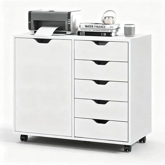 5-Drawer Wood Drawer Cabinet, Office Storage Cabinet with Adjustable Shelf & Wheels, Printer Stand for Home Office, White, 15.7" D x 30.7" W x 25.4" H