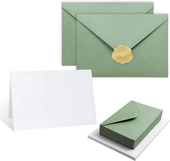 40 Pack Blank Cards and Envelopes 4x6 Sage Green, A4 Invitation Envelopes | A4 Folded Cardstock and Envelopes for Wedding, Note Card, DIY Greeting Cards,Thank you Cards, Birthday Christmas Invitations