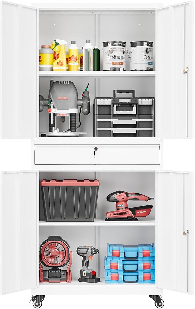 Fesbos 73" Metal Cabinet-White Heavy Duty Rolling Storage Cabinet Steel Tool Cabinets with Wheels, Shelves, Lockable Doors and Drawers- for Garage, Pantry, Warehouse Home Office- Assembly Required