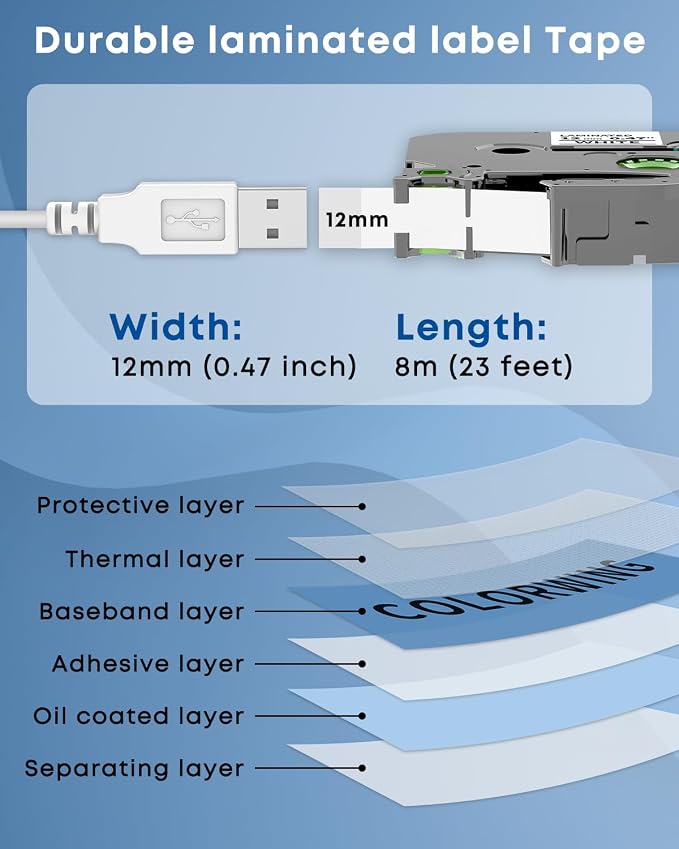 COLORWING TZe TZ Tape 12mm 0.47 Laminated White TZe-231 Ptouch Label Tape | TZ-231 Label Maker Tape Laminated White 0.47" 1/2 inch for Brother Ptouch PT-D210 D220 H110 H103W D400 1280 Refills, 6-Pk