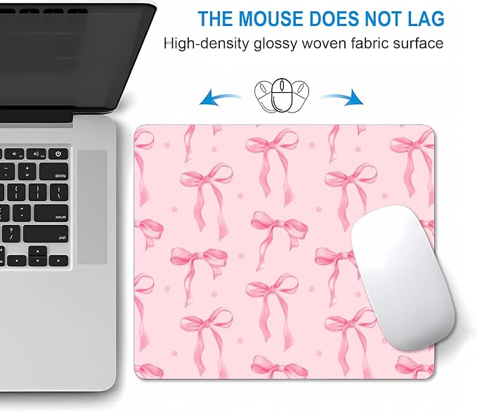 Square Pink Mouse Pad Bows, Cute Small Aesthetic Computer Pad, Non-Slip Rubber Mousepad Washable Cloth, Kawaii Minimal Mouse Pads for Desk Decor Gifts, Coworker Gift for Women Girls Kids,9.5x7.9 inch