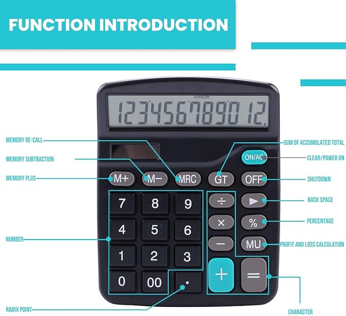 LICHAMP Desk Calculators with Big Buttons and Large Display, Office Desktop Calculator Basic 12 Digit with Solar Power and AA Battery (Included), 6 Bulk Pack (Pack of 2)