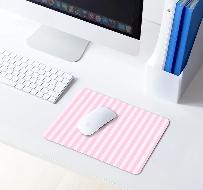 Square Light Pink Mouse Pad Small, Cute Pastel Striped Computer Mouse Pads, Non-Slip Rubber Base Aesthetic Mousepad Washable Cloth, Mouse Mat Decor Gifts, Coworker Gift for Girls Kids