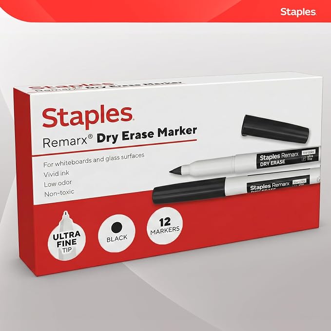 Staples Remarx Dry Erase Markers, Ultra Fine Tip, Black, 12-Pack | Precision whiteboard markers for school, office, and planning use.