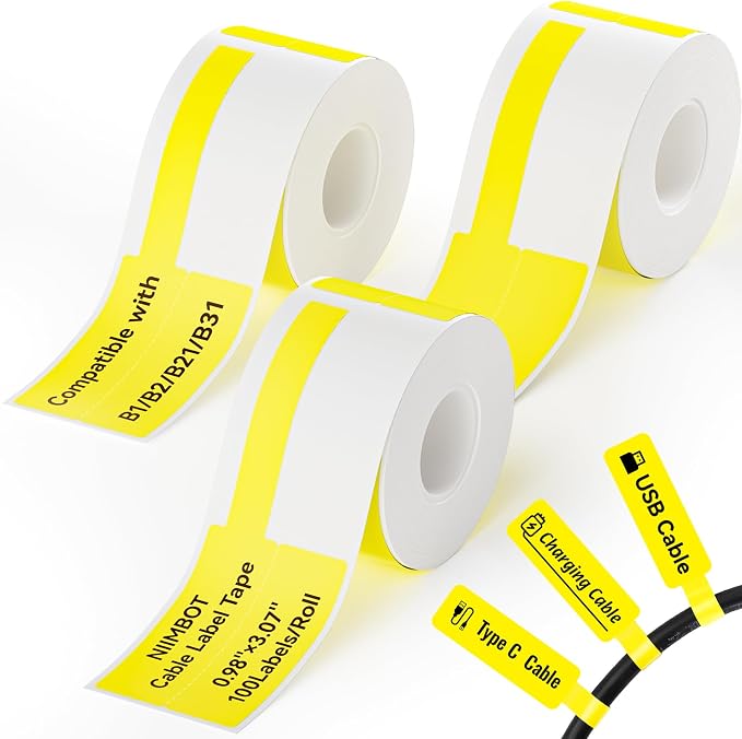 NIIMBOT Cable Labels 3 Rolls Set for B1/B21/B2/B31 Label Maker, Yellow | 25x78mm (0.98'' x 3.07'') 100 Labels/Roll, Refill Labeling Tape for Home School Office Small Busines