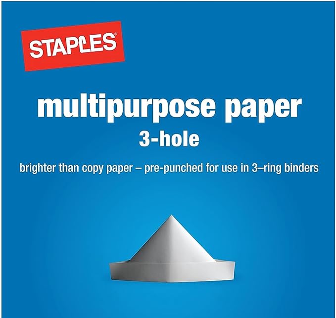 Staples Multipurpose Paper, 8 1/2 x 11, 3-Hole Punched, Ream, for Office, School & Home