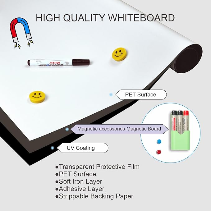 Whiteboard Adhesive Contact Paper, 95×48" in Magnetic Whiteboard Roll, Dry Erase Board for Wall. Ideal for Schools, Offices, and Homes. Includes Markers and Dry-Erase Board.