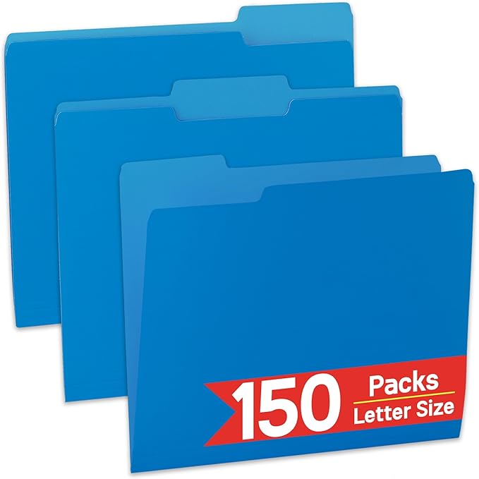 150 Packs File Folder,Blue Paper Folders 1/3-Cut Tabs,Letter Size File Folder,8.5x11 Inch Manilla File Folders for Office Filing,School Projects and Home,Organizer Documents