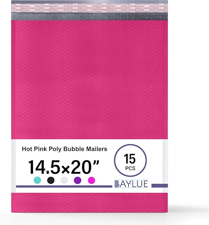 Hot Pink Poly Bubble Mailers 14.50x20 Inch #7 | Self Seal Large Padded Envelopes | Air Cushioned Bubble Mailer | Usable Size 14.25x19 Inch | Waterproof Lightweight Mailing Shipping Bags | 15 Pack