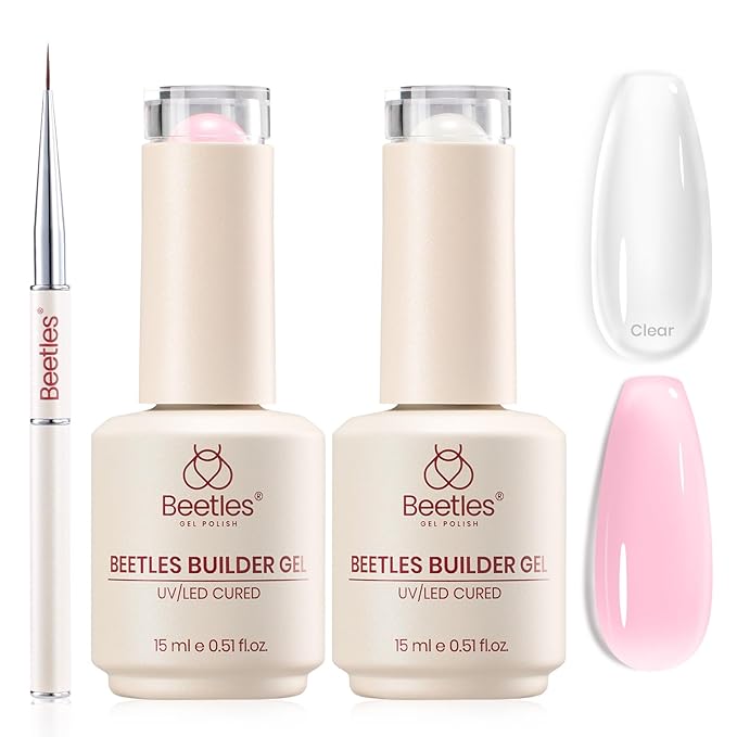 Beetles Builder Gel Nail Kit-2 Pcs 0.5oz Clear & Jelly Pink Builder Gels & Nail Brush,8 in 1 Nail Thickening Strengthening Building Apex for Beginner DIY UV Nails Salon at Home,New Bottle,Blush Air