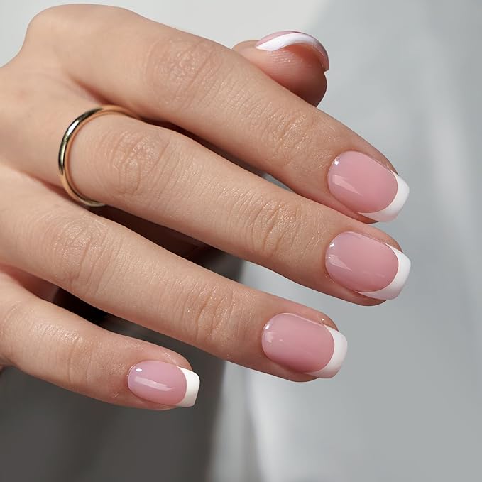 BTArtboxnails XCOATTIPS French Gel Nails - French Tip Press on Nails Pink Extra Short Square Shape Nail Tips, Fake Nails Extensions Nail Art DIY