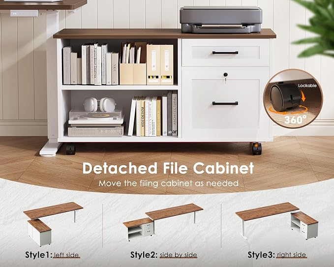 71" L Shaped Electric Standing Desk with Cabinet Sets, Walnut/White | Mobile Drawers & File Cabinet Sets for Flexible Layout, Height Adjustable Executive Stand Up Desk for Home Office Workstation