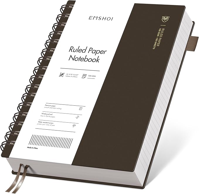 EMSHOI Lined Spiral Journal Notebook, 300 Pages, A5 Size (5.7'' x 8.2'') | College Ruled, 100 GSM Thick Paper, Flexible Plastic Cover, for School, Writing, Work, Office & Journaling (Coffee)