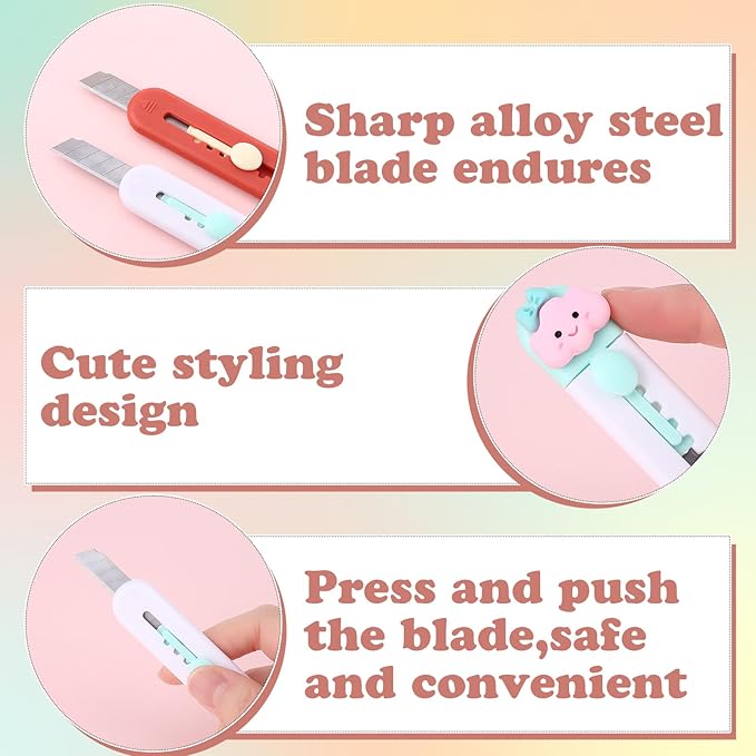 8 Pieces Cute Box Cutter Utility Retractable Mini Sharp Kawaii Knives Package Opener Paper Cutters for Office, Arts Crafts, Home Use (Nature,Bright Color)